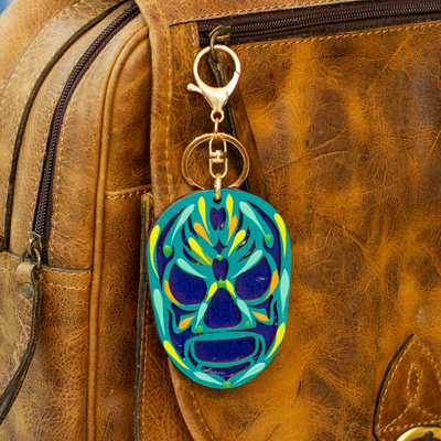 Wood keychain and bag charm, 'Mexican Wrestler' - Hand-Painted Wood Mexican Wrestler Mask Keychain & Bag Charm