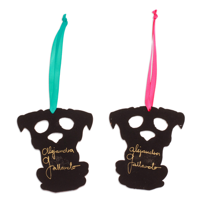 Wood ornaments, 'Day of the Dead Dog' (pair) - 2 Hand-Painted Wood Day of the Dead Skeleton Dog Ornaments