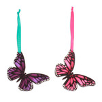 Wood ornaments, 'Monarchs of Hope' (pair) - Pair of Hand-Painted Wood Butterfly Ornaments with Ribbons