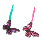 Wood ornaments, 'Monarchs of Hope' (pair) - Pair of Hand-Painted Wood Butterfly Ornaments with Ribbons