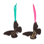 Wood ornaments, 'Monarchs of Hope' (pair) - Pair of Hand-Painted Wood Butterfly Ornaments with Ribbons