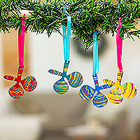 Wood ornaments, 'Festive Maracas' (set of 4) - Colorful Set of 4 Hand-Painted Maracas Themed Wood Ornaments