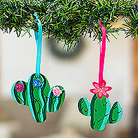 Wood ornaments, 'Adorable Prickly Pear' (pair) - Pair of Hand-Painted Wood Prickly Pear-Themed Ornaments