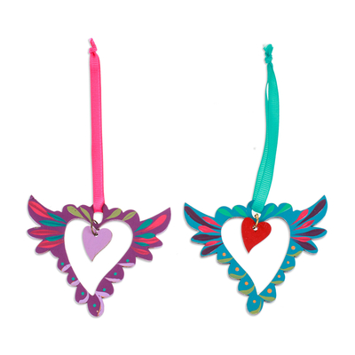 Wood ornaments, 'Winged Heart' (pair) - Pair of Hand-Painted Winged Heart Themed Wood Ornaments