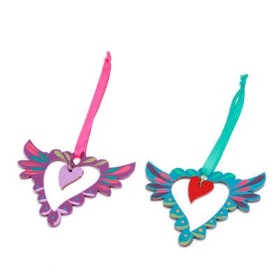 Wood ornaments, 'Winged Heart' (pair) - Pair of Hand-Painted Winged Heart Themed Wood Ornaments