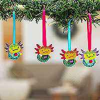 Wood ornaments, 'Aquatic Friend' (set of 4) - Set of 4 Hand-Painted Colorful Wood Axolotl Ornaments