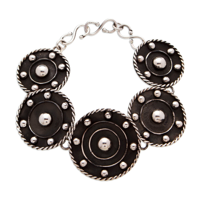 Sterling silver link bracelet, 'Wheels of Style' - Modern Taxco Sterling Silver Oxidized Link Bracelet