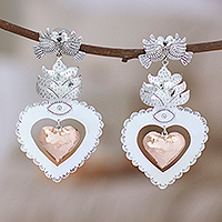 Pendientes colgantes de plata de ley y cobre, 'Corazón de tradiciones' - Pendientes colgantes de plata de ley y cobre en forma de corazón