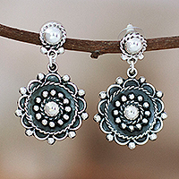 Pendientes colgantes de plata de ley - Pendientes colgantes de plata de ley taxco floral oxidado