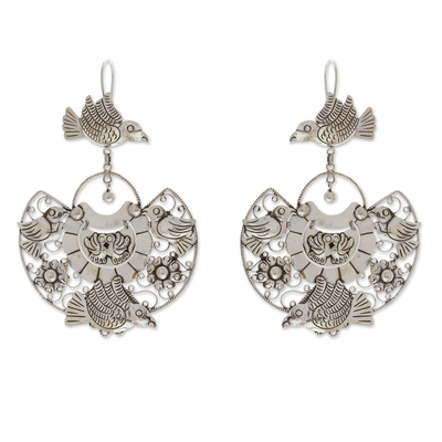 Sterling silver statement earrings, 'Elysium Aura' - Bird and Floral-Themed Sterling Silver Statement Earrings