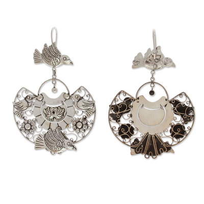Sterling silver statement earrings, 'Elysium Aura' - Bird and Floral-Themed Sterling Silver Statement Earrings