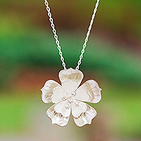 Sterling silver pendant necklace, 'Peach Blossom Beauty' - Matte and Polished 925 Silver Peach Blossom Pendant Necklace