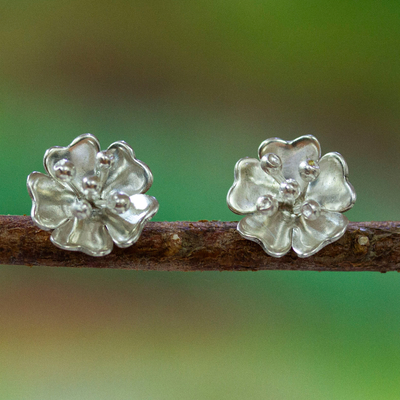 Sterling silver button earrings, 'Peach Blossom Beauty' - Matte and Polished 925 Silver Peach Blossom Button Earrings