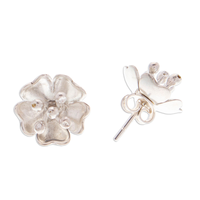 Sterling silver button earrings, 'Peach Blossom Beauty' - Matte and Polished 925 Silver Peach Blossom Button Earrings