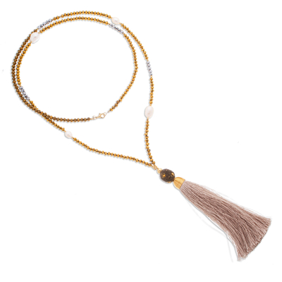 Gold-accented cultured pearl and crystal beaded long Y necklace, 'Trendy Tassel' - Y Necklace with Gold Accent Cultured Pearl Crystals & Tassel