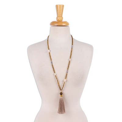 Gold-accented cultured pearl and crystal beaded long Y necklace, 'Trendy Tassel' - Y Necklace with Gold Accent Cultured Pearl Crystals & Tassel