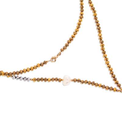 Gold-accented cultured pearl and crystal beaded long Y necklace, 'Chic Tassel' - Gold-Accented Y Necklace with Pearls Crystals and Tassel