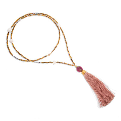 Gold-accented cultured pearl and crystal beaded long Y necklace, 'Chic Tassel' - Gold-Accented Y Necklace with Pearls Crystals and Tassel