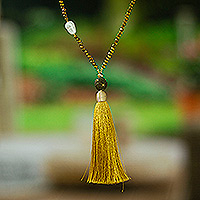 Gold-accented cultured pearl and crystal beaded long Y necklace, 'Vibrant Tassel' - Gold-Accented Y Necklace with Pearls Crystals Mustard Tassel