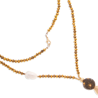Gold-accented cultured pearl and crystal beaded long Y necklace, 'Vibrant Tassel' - Gold-Accented Y Necklace with Pearls Crystals Mustard Tassel