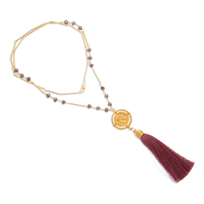 Gold-plated cultured pearl long station Y necklace, 'Graceful Sway' - Gold-Plated Cultured Pearl Long Y Necklace with Tassel