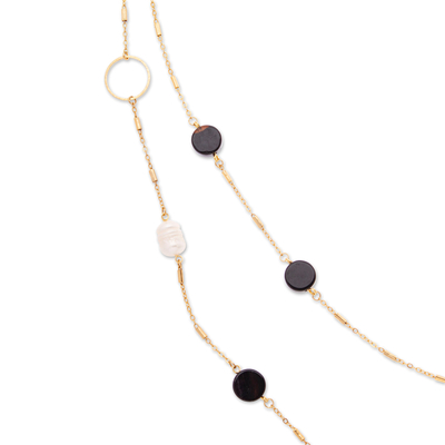 Gold-plated cultured pearl and onyx long station necklace, 'Dual Glam' - Gold-Plated Cultured Pearl and Onyx Long Station Necklace