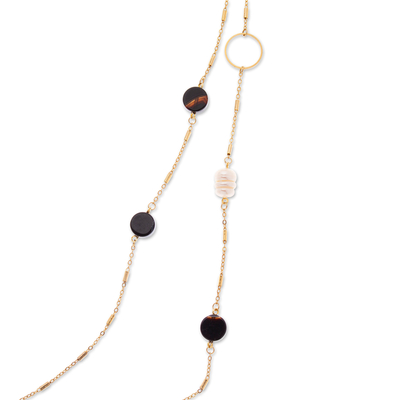Collar largo de estación de ónix y perlas cultivadas bañadas en oro - Collar largo Station de perlas cultivadas bañadas en oro y ónix