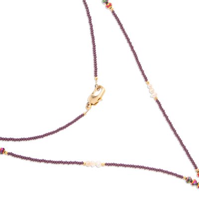 Gold-accented cultured pearl and crystal beaded long Y necklace, 'Trendy Vibrancy' - Gold-Accented Pearl Y Necklace with Pink Pendant Grey Tassel