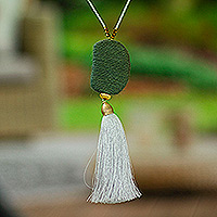 Gold-accented cultured pearl and crystal beaded long Y necklace, 'Chic Vibrancy' - Gold-Accented Pearl Green Pendant and Grey Tassel Y Necklace