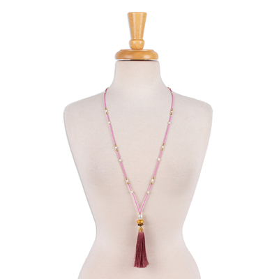Gold-accented cultured pearl beaded long Y necklace, 'Posh Tassel' - Gold-Accented Cultured Pearl Beaded Y Necklace with Tassel
