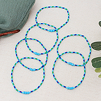 Glass beaded stretch bracelets, 'Green Euphoria' (set of 6) - Set of Six Blue and Green Glass Beaded Stretch Bracelets