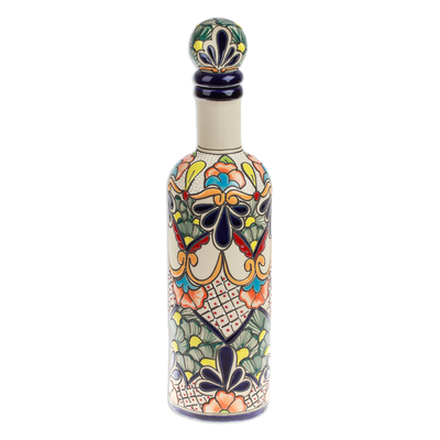 Ceramic decanter, 'The Delight of the Hacienda' - Hacienda-Themed Painted Olive and Indigo Ceramic Decanter