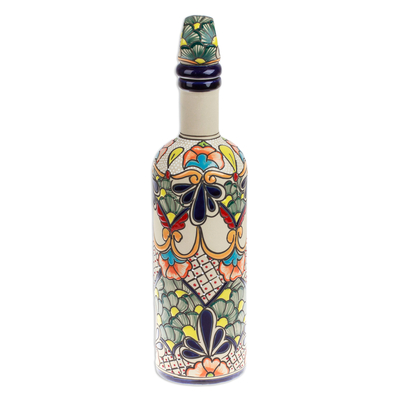 Ceramic decanter, 'The Delight of the Hacienda' - Hacienda-Themed Painted Olive and Indigo Ceramic Decanter
