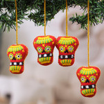 Embroidered felt ornaments, 'Cardinal Skulls' (set of 4) - Set of 4 Embroidered Cardinal Red and Yellow Skull Ornaments