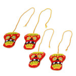 Embroidered felt ornaments, 'Cardinal Skulls' (set of 4) - Set of 4 Embroidered Cardinal Red and Yellow Skull Ornaments