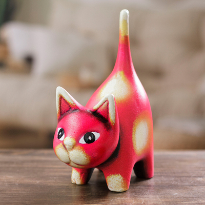 Ceramic sculpture, 'Feline Audacity in Geranium' - Whimsical Hand-Painted Geranium Cat Ceramic Sculpture