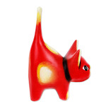 Ceramic sculpture, 'Feline Audacity in Geranium' - Whimsical Hand-Painted Geranium Cat Ceramic Sculpture