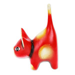 Ceramic sculpture, 'Feline Audacity in Geranium' - Whimsical Hand-Painted Geranium Cat Ceramic Sculpture