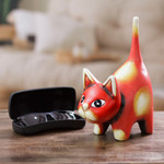 Ceramic sculpture, 'Feline Audacity in Geranium' - Whimsical Hand-Painted Geranium Cat Ceramic Sculpture