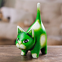 Ceramic coin bank, 'Feline Wealth in Lime' - Hand-Painted Cat-Shaped Lime Ceramic Coin Bank