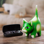 Ceramic sculpture, 'Feline Audacity in Lime' - Whimsical Hand-Painted Lime Cat Ceramic Sculpture