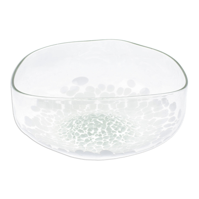 Handblown glass salad bowl, 'Snowy Delicacies' - Eco-Friendly White Dot Patterned Handblown Glass Salad Bowl