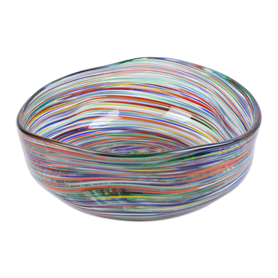 Handblown glass salad bowl, 'Hypnotic Delicacies' - Eco-Friendly Colorful Striped Handblown Glass Salad Bowl