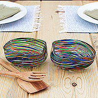 Handblown glass dessert bowls, 'Hypnotic Flavors' (pair) - Pair of colourful Striped Handblown Glass Dessert Bowls