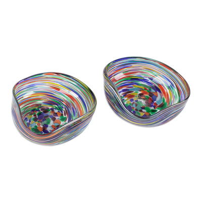 Handblown glass dessert bowls, 'Hypnotic Flavors' (pair) - Pair of Colorful Striped Handblown Glass Dessert Bowls