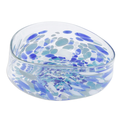 Handblown glass salad bowl, 'Oceanic Delicacies' - Eco-Friendly Blue Dot Patterned Handblown Glass Salad Bowl