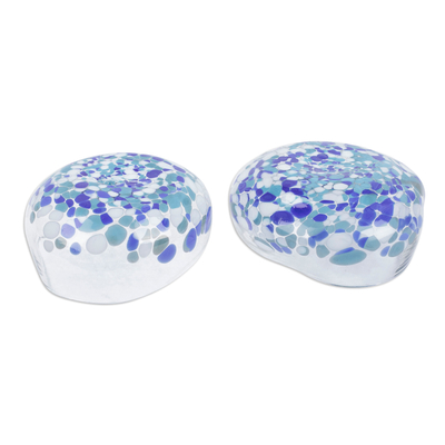 Handblown glass dessert bowls, 'Oceanic Flavors' (pair) - Pair of Blue Dot Patterned Handblown Glass Dessert Bowls