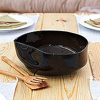 Handblown glass salad bowl, 'Dark Delicacies' - Eco-Friendly Black Handblown Glass Salad Bowl from Mexico