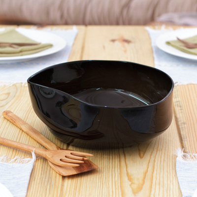 Handblown glass salad bowl, 'Dark Delicacies' - Eco-Friendly Black Handblown Glass Salad Bowl from Mexico