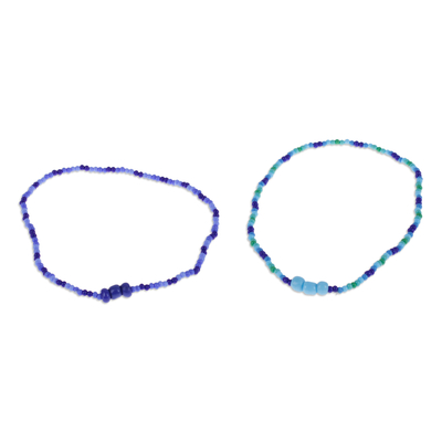 Pulseras elásticas con cuentas de vidrio (juego de 2) - Conjunto de dos pulseras elásticas con cuentas de vidrio azul y turquesa